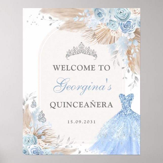 Poster Boho Blue Silver Quinceañera 15e anniversaire Bien (Devant)