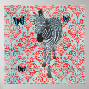 Poster Boho Blue Zebra & Butterflies Damask