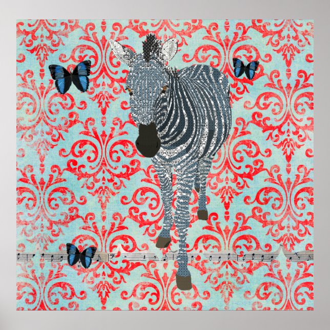 Poster Boho Blue Zebra & Butterflies Damask (Devant)