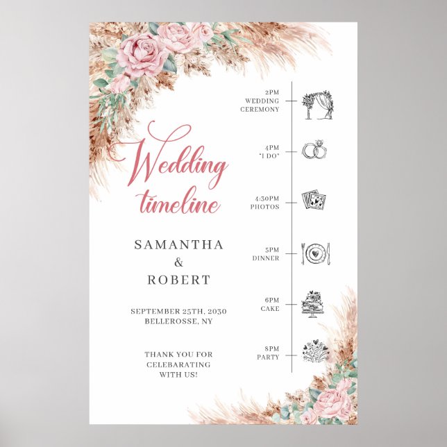 Poster Boho blush Roses et pampas herbe mariage Timeline (Devant)