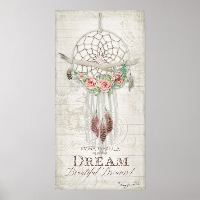 Poster Boho Bohemian Attrape-Rêves Baby Name Shower Bois (Devant)