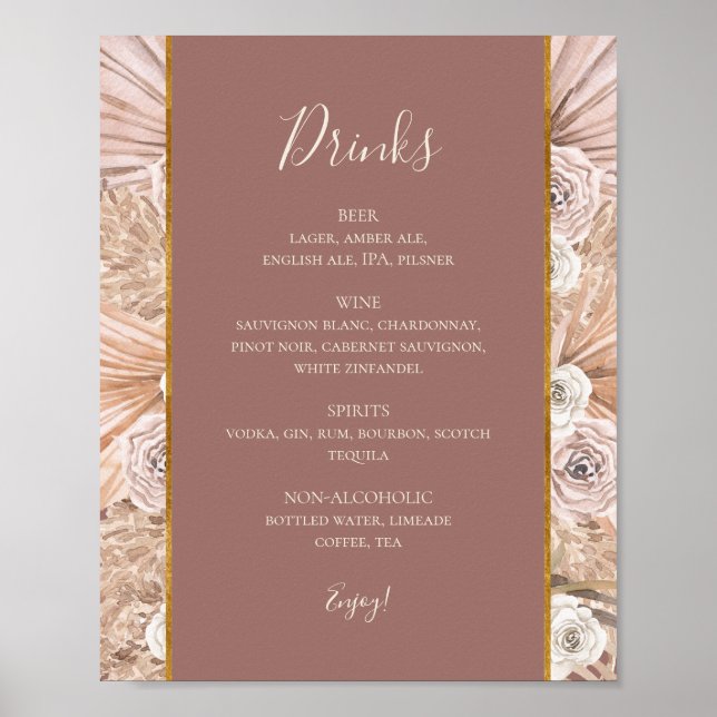 Poster Boho Botanical Dusty Rose Mariage Boissons Menu Si (Devant)