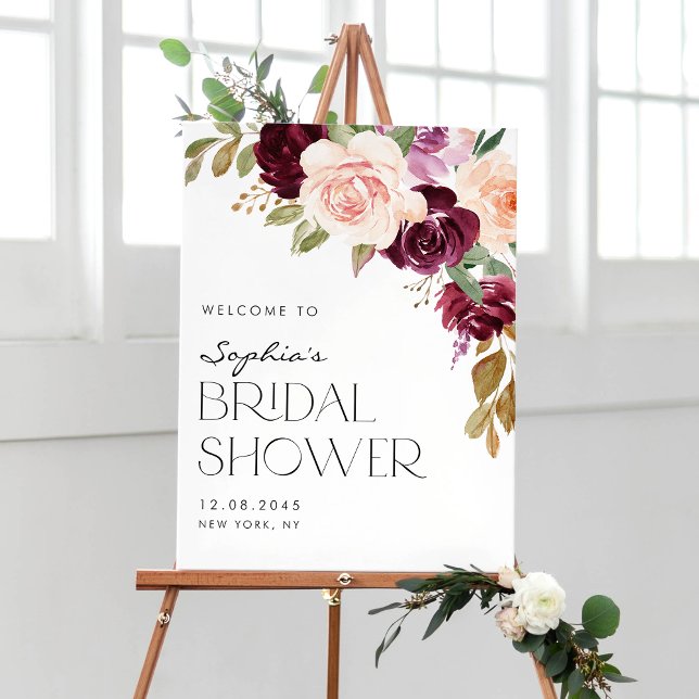 Poster Boho Bourgogne et fleurs de pêche Fête des mariées (Créateur téléchargé)