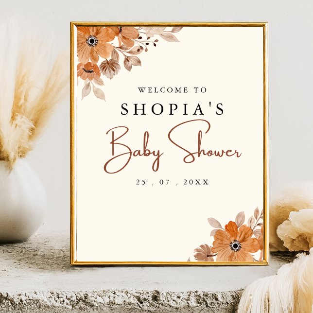 Poster Boho Brown Flowers Baby Shower  (Créateur téléchargé)