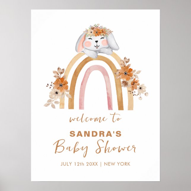 Poster Boho Bunny Rainbow Floral Baby shower Bienvenue (Devant)