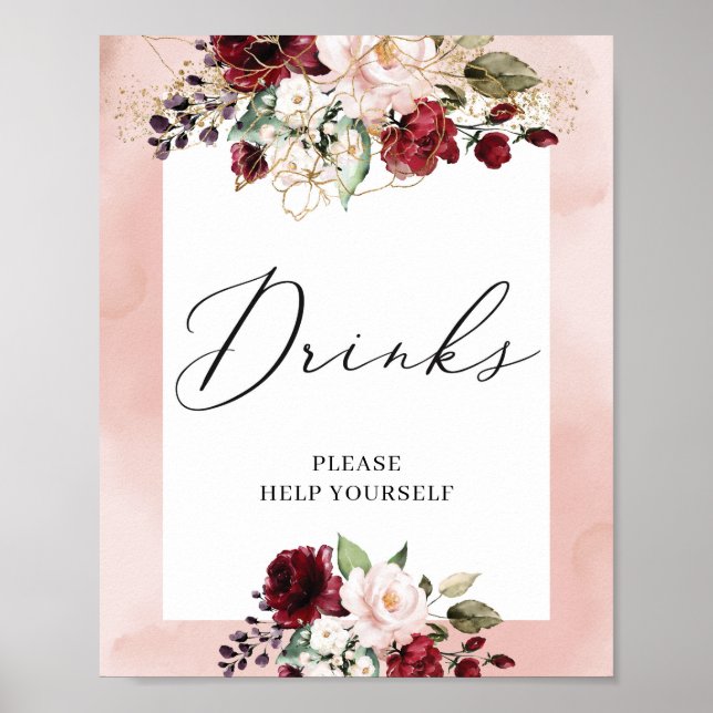 Poster Boho burgunch rose floral panneau de boissons (Devant)