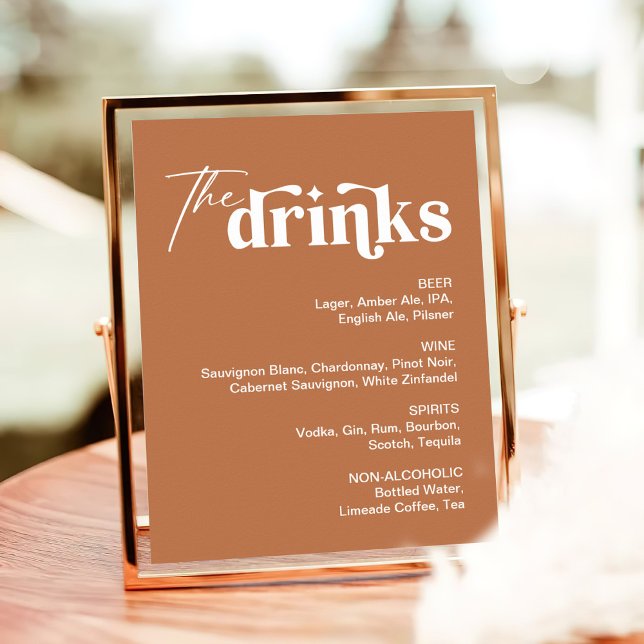 Poster Boho Burnt Orange Boisson Menu Mariage Bar Sign (Créateur téléchargé)