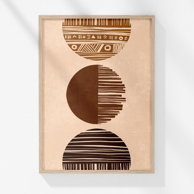Poster Boho Café Beige Brown Abstrait Mur Tribal Art (Boho Neutral Abstract Tribal Sun and Moon Wall Art in a wooden frame on a sunny white wall.)