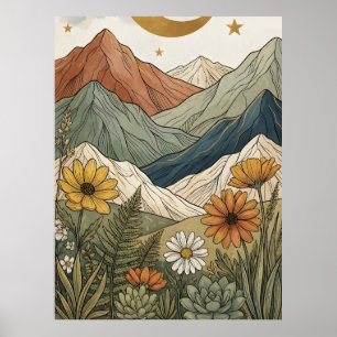 Poster Boho Céleste Montagne Étoilée Plante Grasse