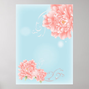 Poster boho chic bleu aquarelle fleurs rose fleurie