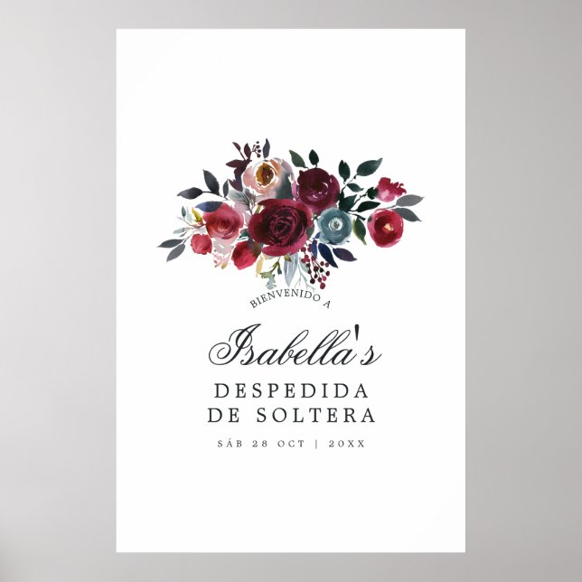 Poster Boho Chic Bourgogne et floral de marine Bienvenue (Devant)