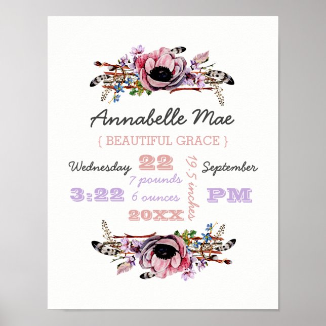 Poster Boho Chic Floral Wreath | Statistiques de naissanc (Devant)