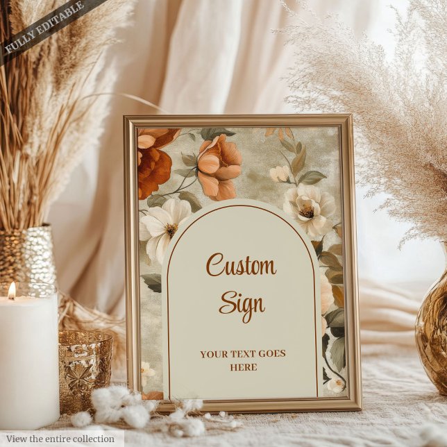 Poster Boho Cuivre Beige Olive Floral Personnalisé sans f (Timeless Boho Copper Beige Olive Floral Custom Sign)