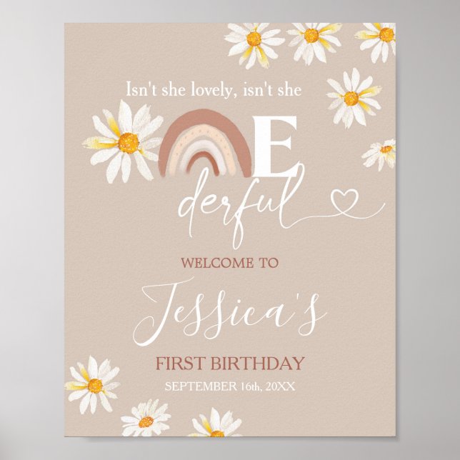 Poster Boho Daisy Rainbow Onederday Signal de bienvenue (Devant)