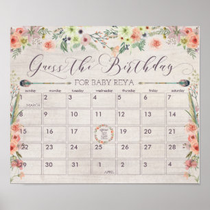 Poster Boho Date d'échéance Calendrier Signe Baby shower 