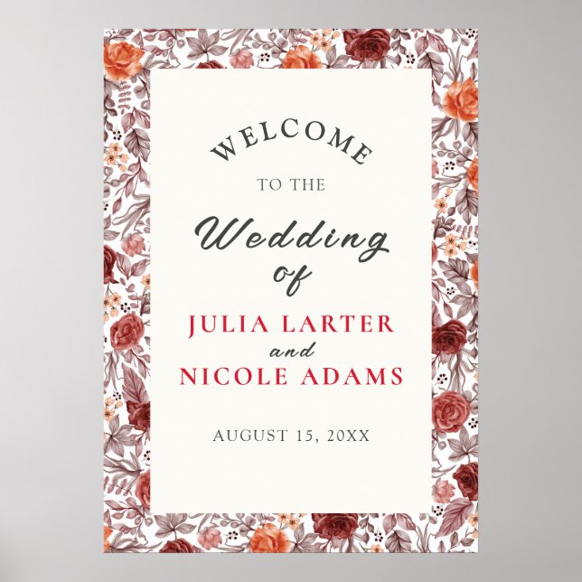 Poster Boho de Bourgogne Rose Floral Pampas Mariage (Devant)