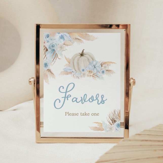 Poster Boho Dusty Blue Citrouille Baby shower Faveurs (Boy Little Pumpkin Baby Shower Favors Sign)