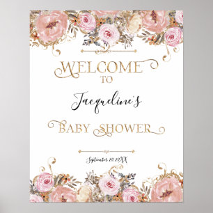 Poster BOHO Dusty rose Floral Aquarelle Baby shower fille