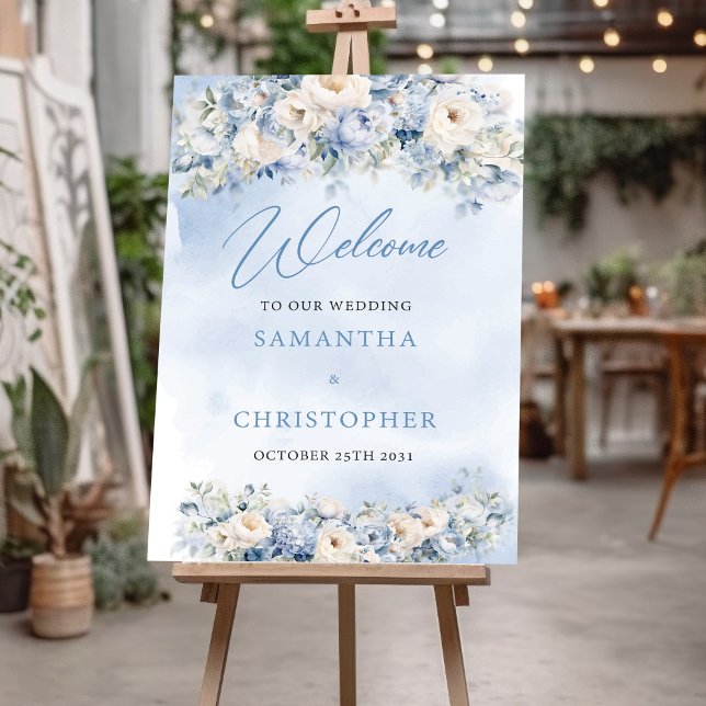 Poster Boho Elegant hiver bleu poussiéreux et fleurs d'iv (Boho blue winter flowers sage greenery wedding welcome sign poster)