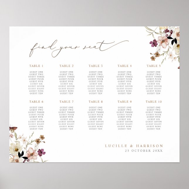 Poster Boho Fall Wild Flowers Mariage Plan de siège (Devant)