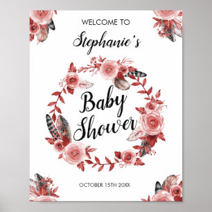 Poster Boho Feather Bourgogne Rose Wreath Baby shower
