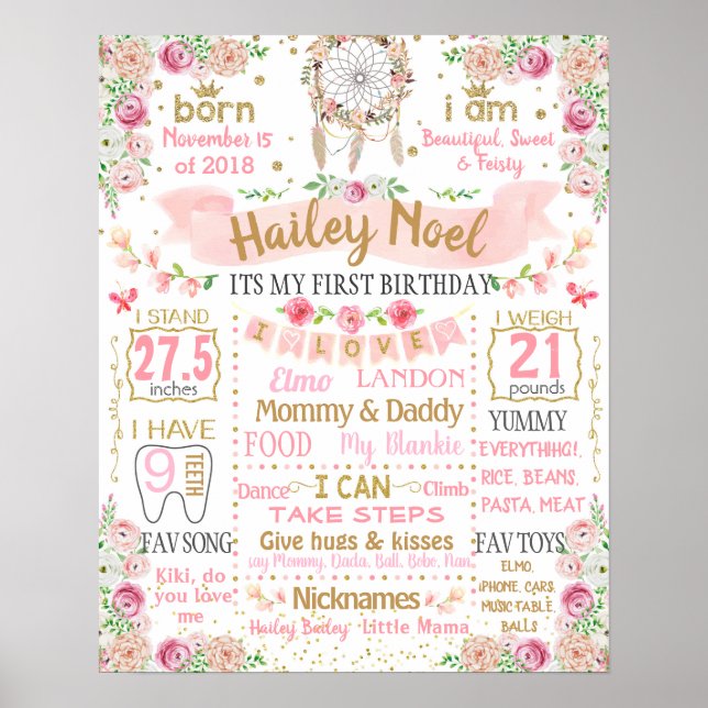 Poster Boho Feather Floral Fleurs Signal de fête d'annive (Devant)