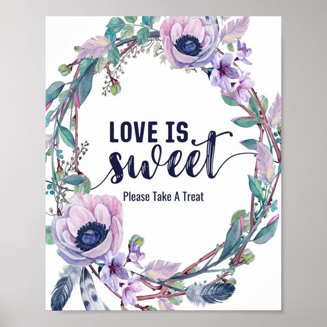 Poster Boho Feather & Floral Wreath Mariage Love is Sweet (Devant)