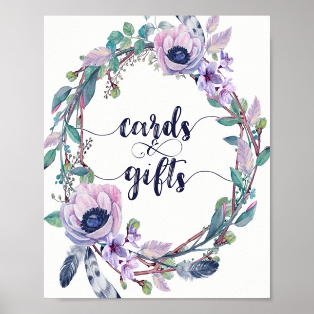 Poster Boho Feather & Floral Wreath Wedding Cartes & Cade (Devant)