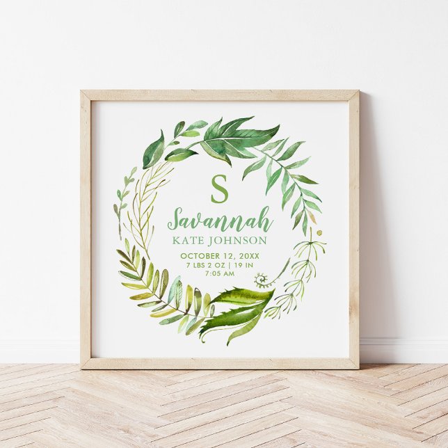 Poster Boho Feuilles personnalisés statistiques de naissa (Créateur téléchargé)