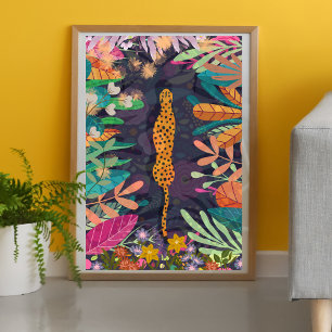 Poster boho fleuri rétro Jungle Leopard jaune multicolore