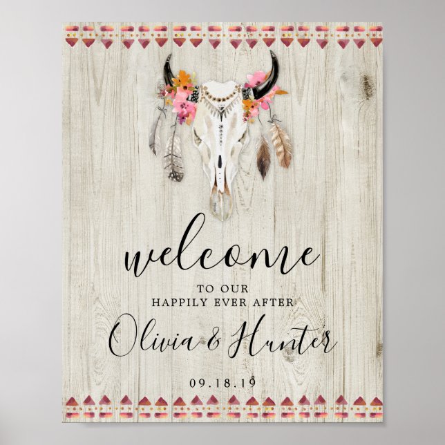 Poster Boho Floral Antlers Crâne de vache Mariage de bien (Devant)