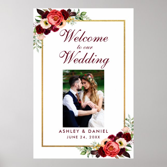 Poster Boho Floral Bourgogne Mariage Bienvenue Photo (Devant)