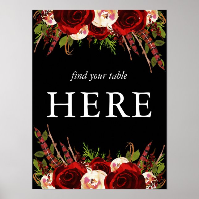 Poster Boho Floral Bourgogne Noire Trouvez Votre Table Ic (Devant)