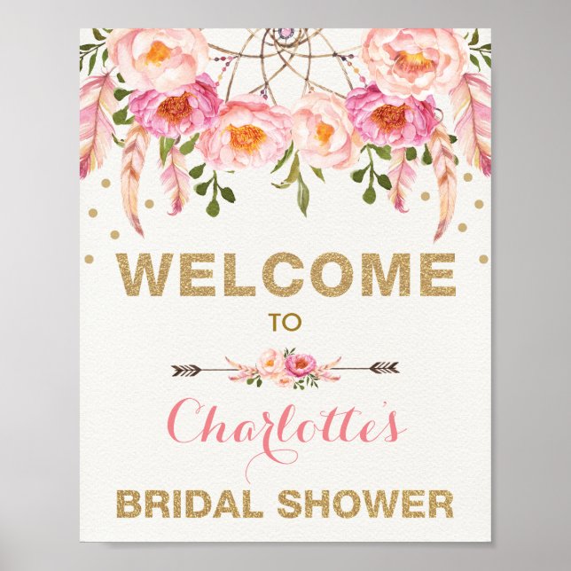 Poster Boho Floral Bridal Shower Rose Gold Dreamcatcher (Devant)
