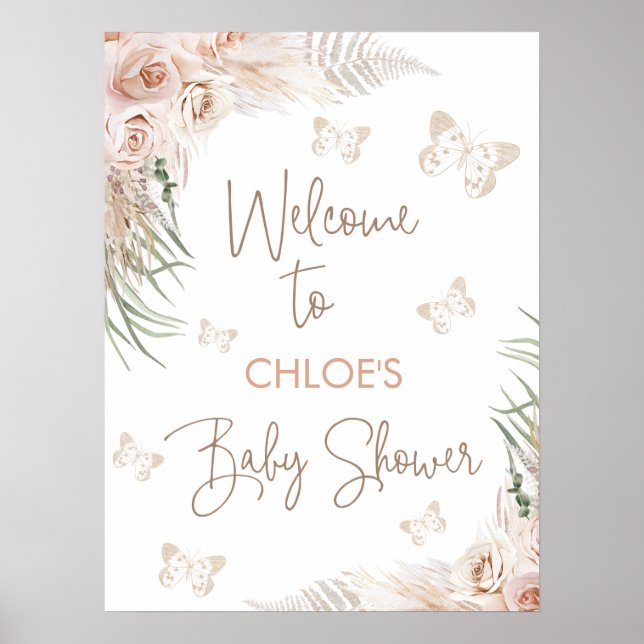 Poster Boho Floral Butterfly Kisses Baby shower Bienvenue (Devant)
