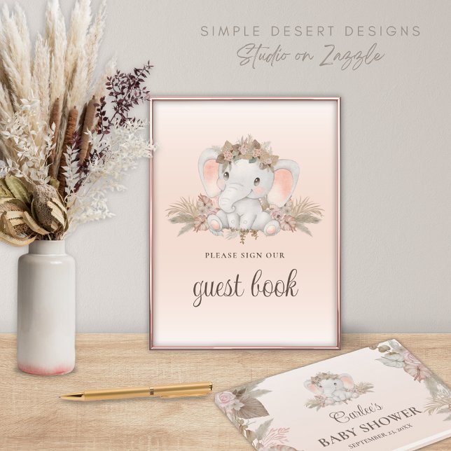 Poster Boho Floral Elephant Baby shower Invité Livre Sign (Boho Baby Shower Guest Book Sign with Cute Elephant and Bohemian Gender Neutral Floral Pampas Grass)