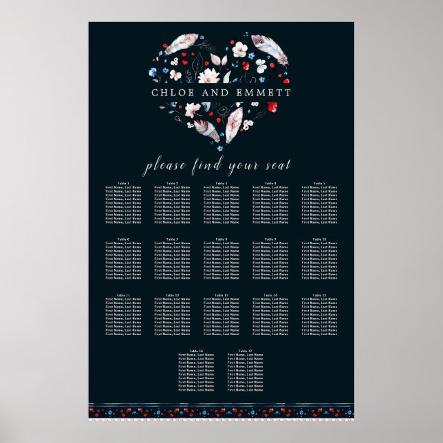 Poster Boho Floral et plumes 17 tables (Devant)