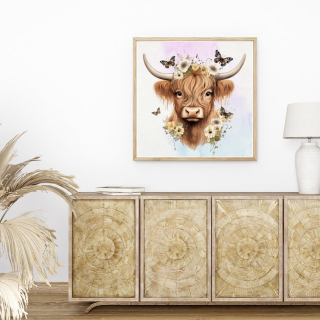 Poster Boho Floral Highland Vache avec Arrière - plan Pas (Créateur téléchargé)