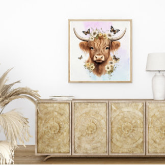 Poster Boho Floral Highland Vache avec Arrière - plan Pas