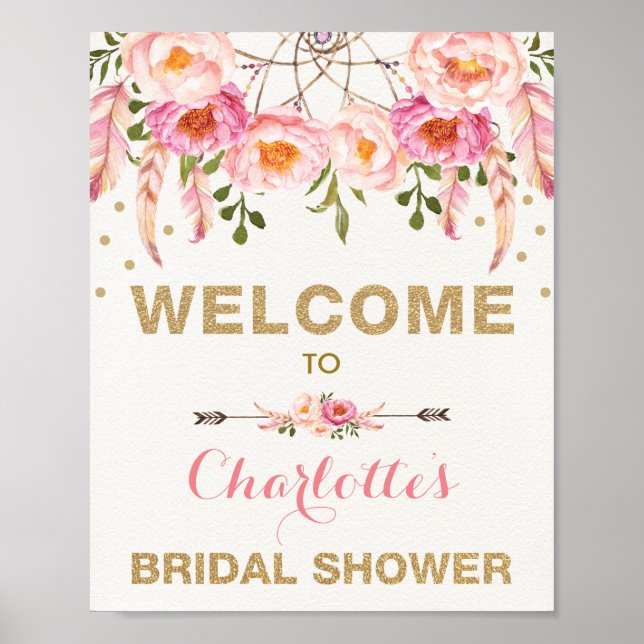 Poster Boho Floral Mariage Fête Rose Doré Attrape-Rêves (Devant)