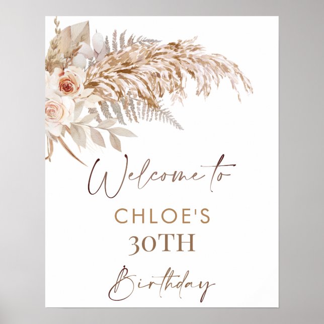 Poster Boho Floral Pampas Cadre en herbe Anniversaire Bie (Devant)