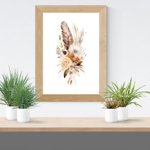 Poster Boho Floral Plumes Botanique Aquarelle Mur Art