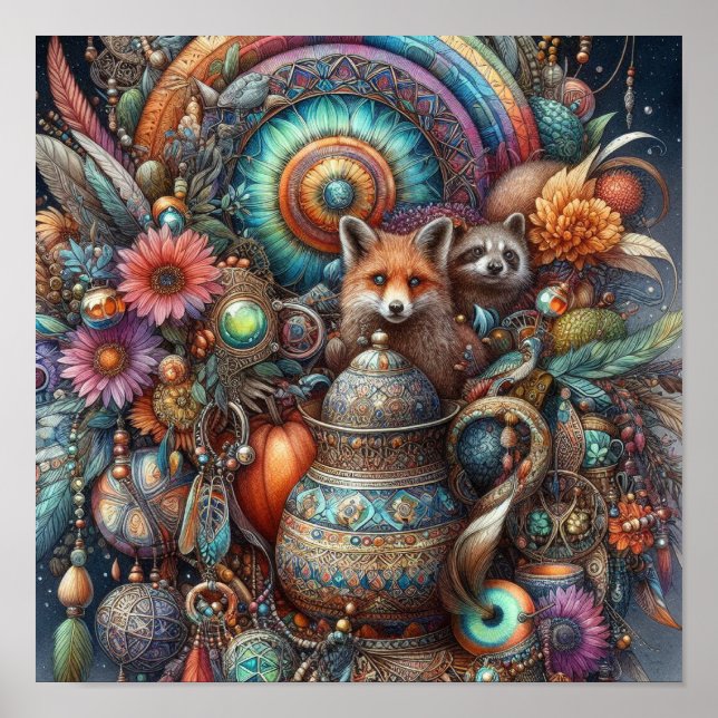 Poster Boho Fox Raccoon Floral Design (Devant)