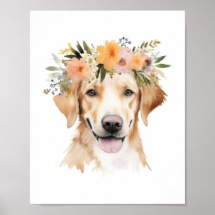 Poster Boho Jaune Labrador Flower Crown Aquarelle