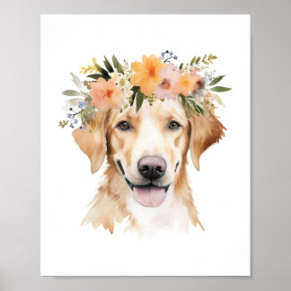 Poster Boho Jaune Labrador Flower Crown Aquarelle