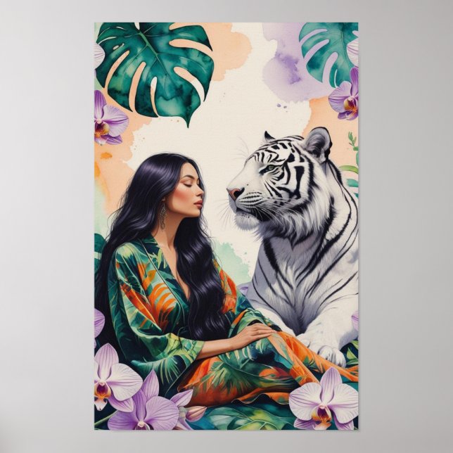 Poster Boho Jungle Dreamscape White Tiger & Woman (Devant)