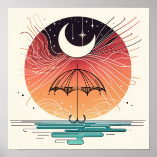 Poster Boho Lune sur Parapluie avec Étoiles qui Tombent