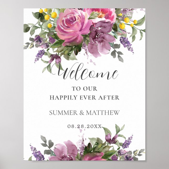 Poster Boho Magenta rose violet Mariage Floral Bienvenue (Devant)