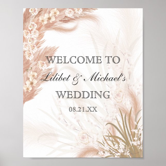 Poster Boho Mariage Coral Rose Pampas Grass Aquarelle (Devant)