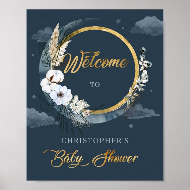 Poster Boho marine et doré pampas coton Bienvenue (Devant)